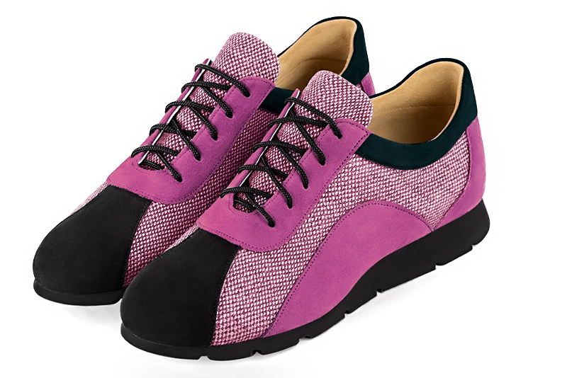 Matt black and carnation pink women's two-tone elegant sneakers. Round toe. Flat rubber soles. Front view - Florence KOOIJMAN